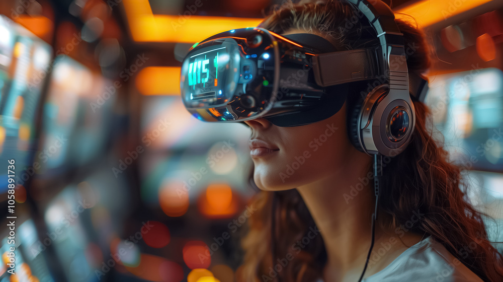 Woman Wearing VR Glasses in a High-Tech Office for Interactive Virtual Reality and Cyberspace Exploration Woman Wearing VR Glasses in a High-Tech Office for Interactive Virtual Reality and Cyberspace Exploration