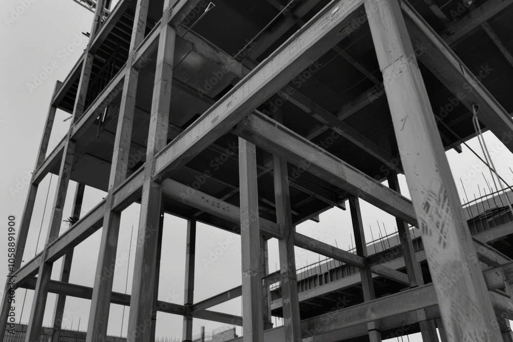 A monochromatic view of a partially constructed building, exposing the geometric interplay of steel beams, lines, and the stark simplicity of structure. A monochromatic view of a partially constructed building, exposing the geometric interplay of steel beams, lines, and the stark simplicity of structure.