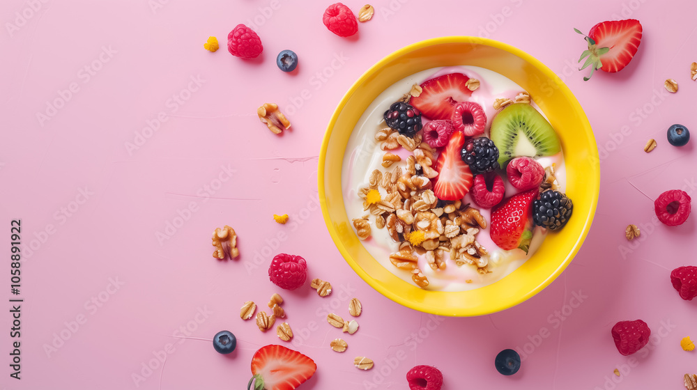 Top View of Breakfast Yogurt with Berries in Yellow Bowl on Pink Background Top View of Breakfast Yogurt with Berries in Yellow Bowl on Pink Background