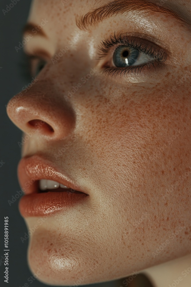 Close-up portrait of a woman's face with a focus on her eyes, nose, lips, and freckles. Close-up portrait of a woman's face with a focus on her eyes, nose, lips, and freckles.