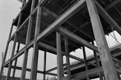 A monochromatic view of a partially constructed building, exposing the geometric interplay of steel beams, lines, and the stark simplicity of structure.