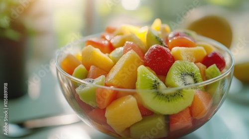 Variety of fresh fruits in a bowl, with sunlight streaming through window blinds. Includes oranges, kiwis, and strawberries.