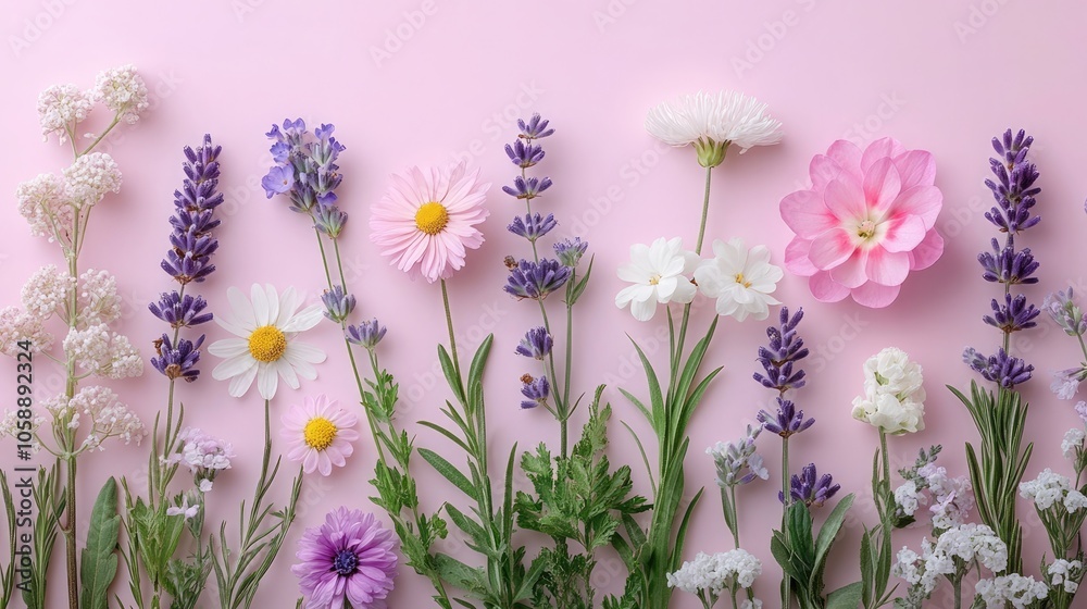 Floral flat lay with pastel pink, white, and lavender flowers and greenery; ideal for wedding invites, springtime visuals, and elegant nature-themed artwork Floral flat lay with pastel pink, white, and lavender flowers and greenery; ideal for wedding invites, springtime visuals, and elegant nature-themed artwork