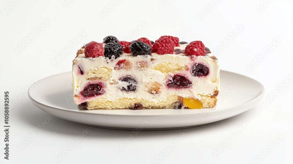 Delicious mixed berry tiramisu slice on a white plate with fresh fruits Delicious mixed berry tiramisu slice on a white plate with fresh fruits