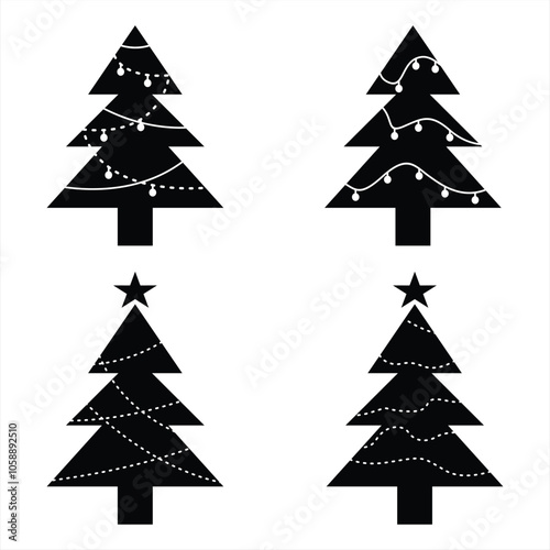 Black and White Christmas Tree Silhouette Vector Set with Festive Lights. Perfect for Logo, Design, and More.