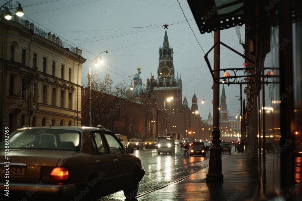 Fototapeta premium Evening in Moscow, with wet streets reflecting warm lights, the Kremlin's towers rise majestically under a cloudy, dusky sky, capturing the city's vibrant essence.