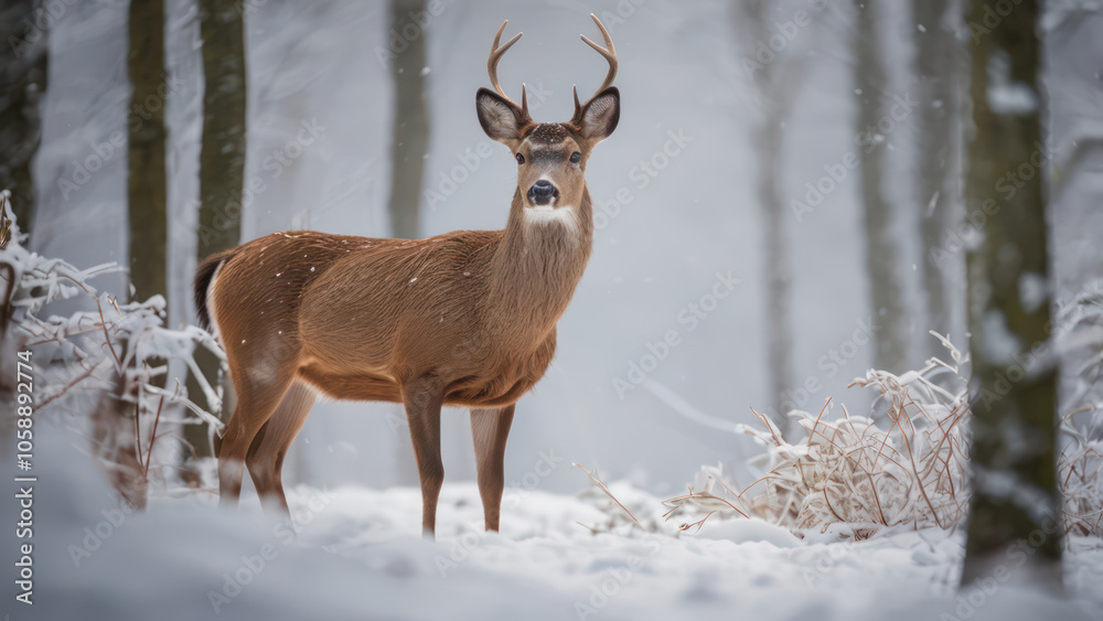 A serene image of winter wildlife such as a deer in a snowy forest. A serene image of winter wildlife such as a deer in a snowy forest.
