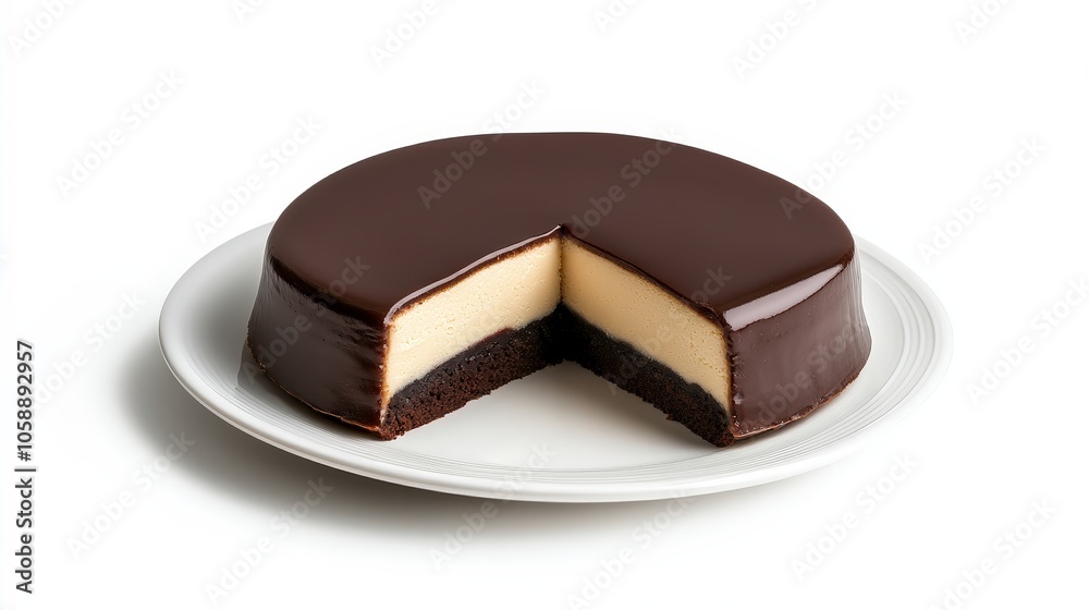 Elegant chocolate-covered cheesecake on white plate with slice removed Elegant chocolate-covered cheesecake on white plate with slice removed