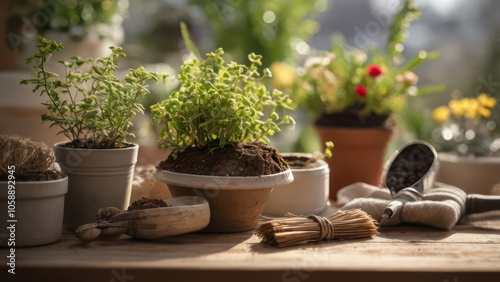 Wallpaper Mural A table setup with gardening tools, seed packets, and budding plants.  Torontodigital.ca