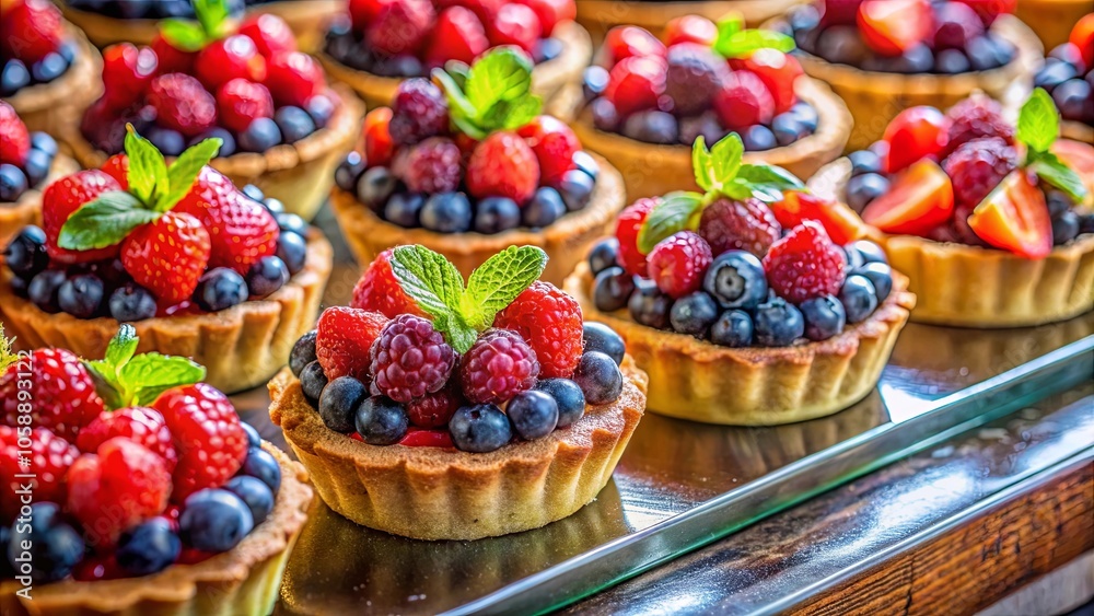 A Row of Delectable Mini Tarts Filled with a Variety of Fresh Berries and Decorated with Sprigs of Mint A Row of Delectable Mini Tarts Filled with a Variety of Fresh Berries and Decorated with Sprigs of Mint