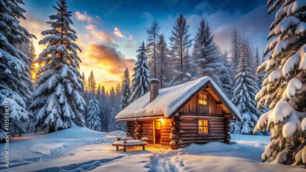 A rustic wooden cabin nestled amidst a snowy forest bathed in the golden glow of a winter sunset, with a warm light emanating from its windows. A rustic wooden cabin nestled amidst a snowy forest bathed in the golden glow of a winter sunset, with a warm light emanating from its windows.