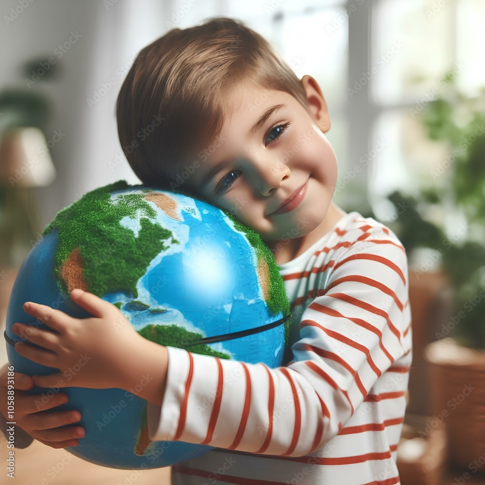 A young child hugging a planet earth model. Protecting environment. A young child hugging a planet earth model. Protecting environment.
