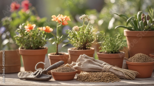 A table setup with gardening tools, seed packets, and budding plants. 