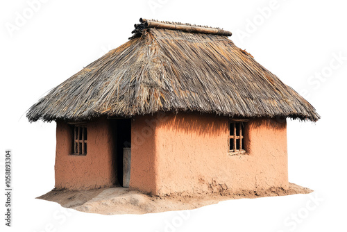 Traditional African mud hut with thatched roof, placed on white backdrop photo