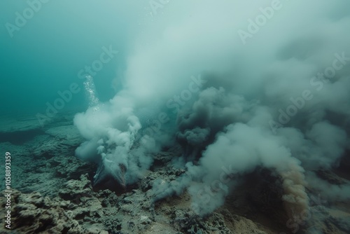 Plumes of bubbling gas rise from a mesmerizing underwater volcanic landscape, shrouded in mystery and teeming with geothermal energy.