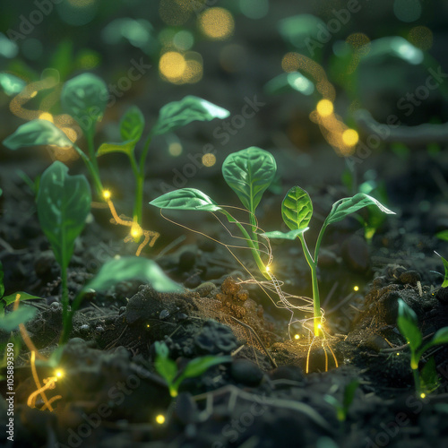 Emerging Connection: Glowing Digital Roots of a Young Plant