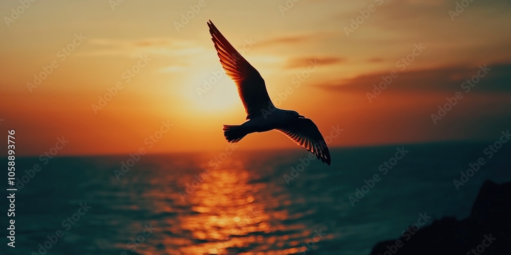 Fototapeta premium Bird Flying Over Ocean at Sunset