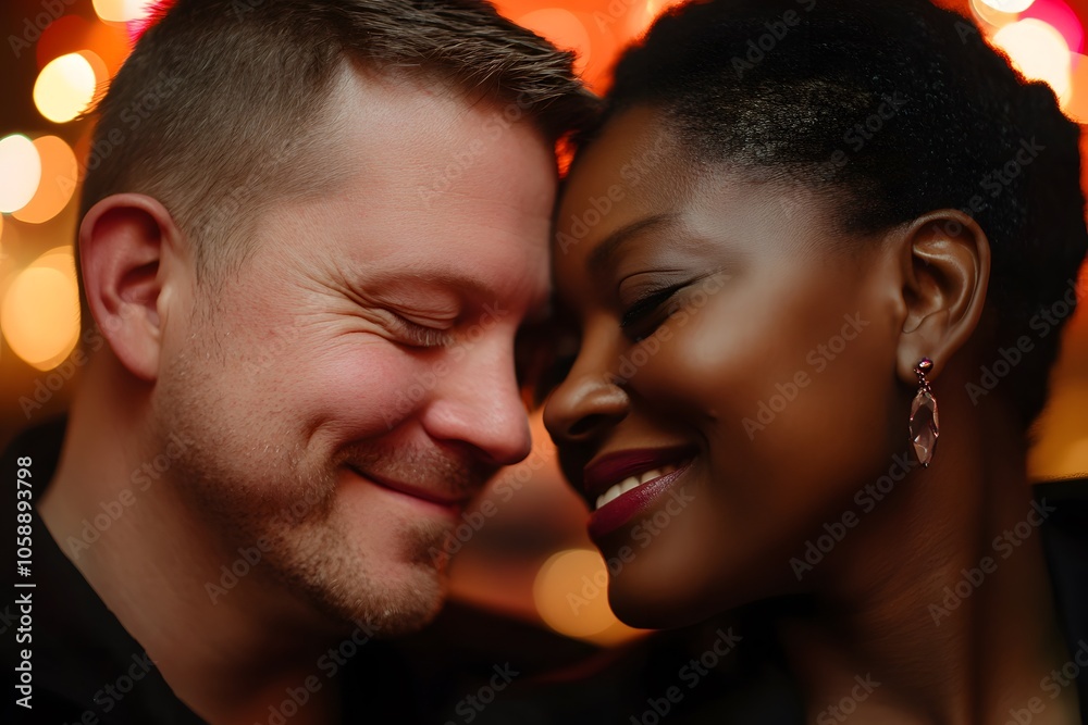 A close-up of two people, one white man with short hair and the other black woman in her late thirties, smiling at each other as they gently kiss on their foreheads A close-up of two people, one white man with short hair and the other black woman in her late thirties, smiling at each other as they gently kiss on their foreheads