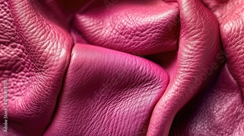 Vibrant bright pink leather texture captured in a close-up image, emphasizing the rich details and unique qualities of this striking leather material with ample copy space.