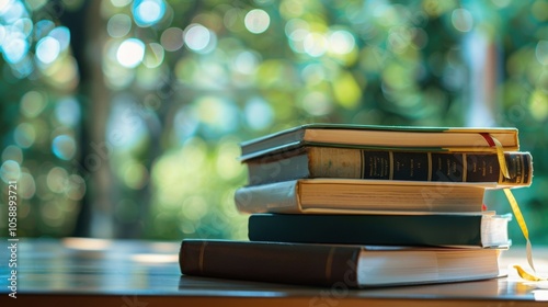 Soft focus on a pile of textbooks in the corner