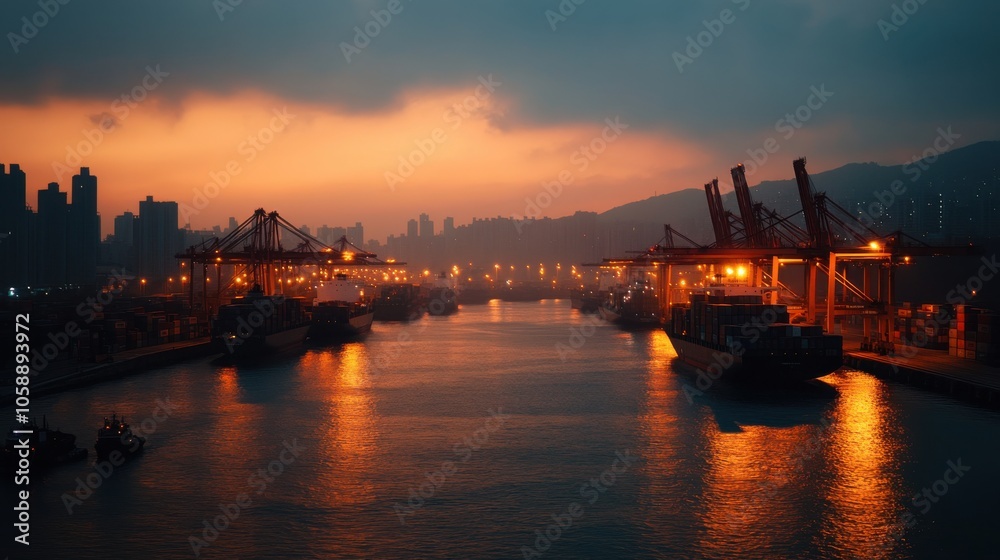 Nighttime Port Scene with Cargo Ships and Cranes Nighttime Port Scene with Cargo Ships and Cranes