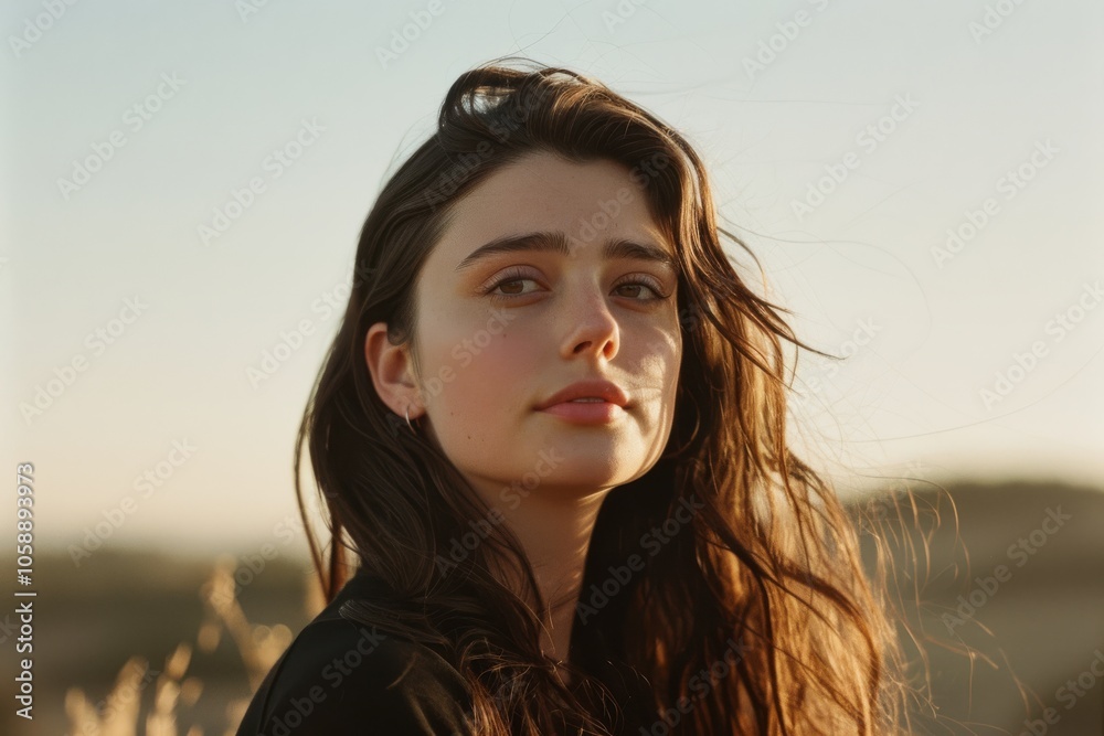 Fototapeta premium A young woman in a sun-kissed field looks into the distance, her expression reflecting thoughts of freedom and dreams.
