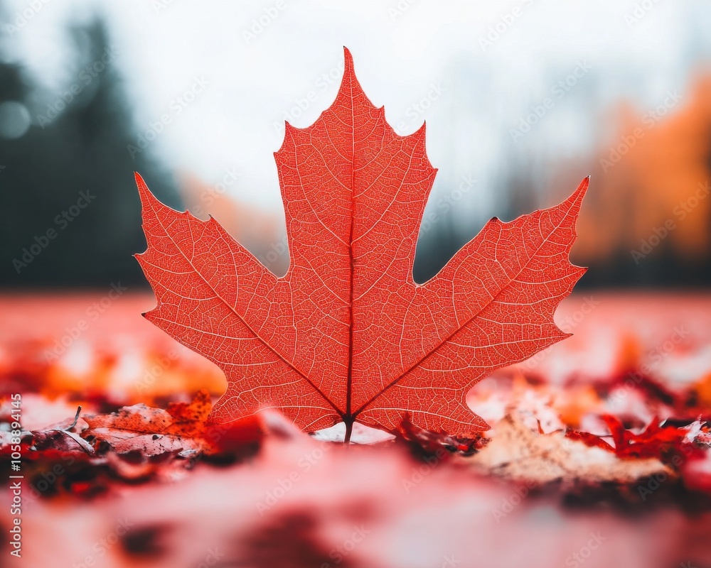 Vibrant Red Maple Leaf on Autumn Ground Vibrant Red Maple Leaf on Autumn Ground