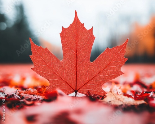 Vibrant Red Maple Leaf on Autumn Ground
