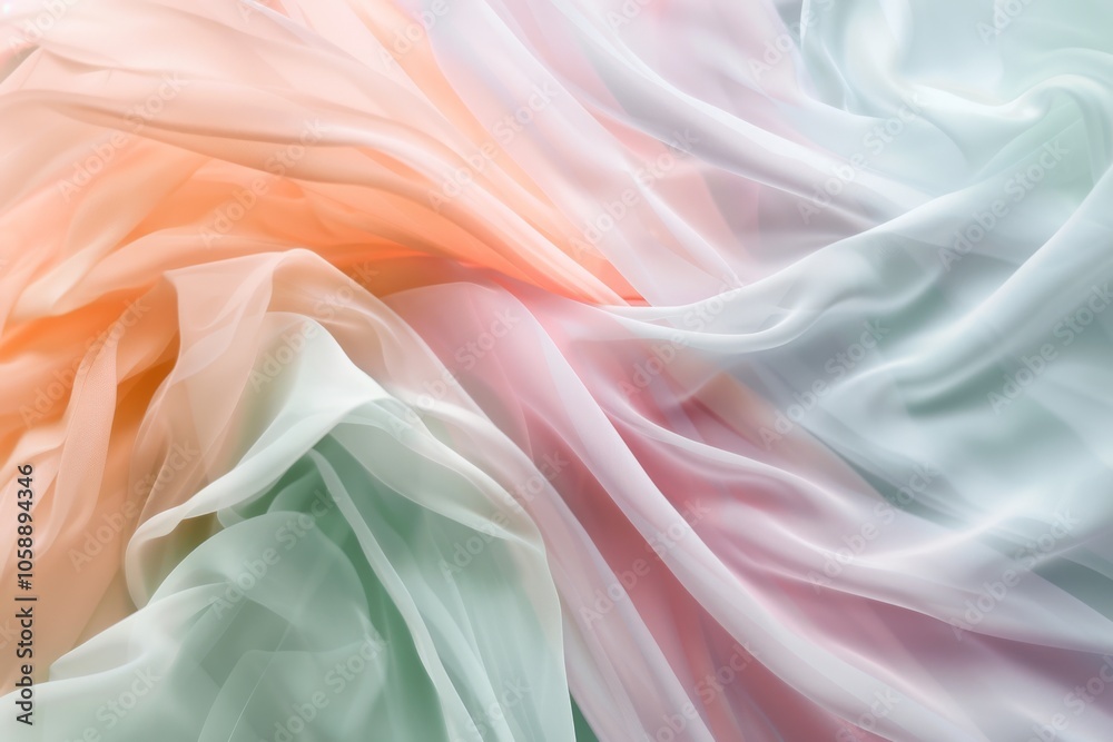 Obraz premium Layers of pastel fabric intertwine gracefully, combining hues of peach, pink, and blue to create a dreamlike scene of softness and elegance.