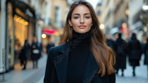 Portrait of a beautiful woman in a black turtleneck sweater and coat with long flowing brown hair, looking at the camera with a smile.