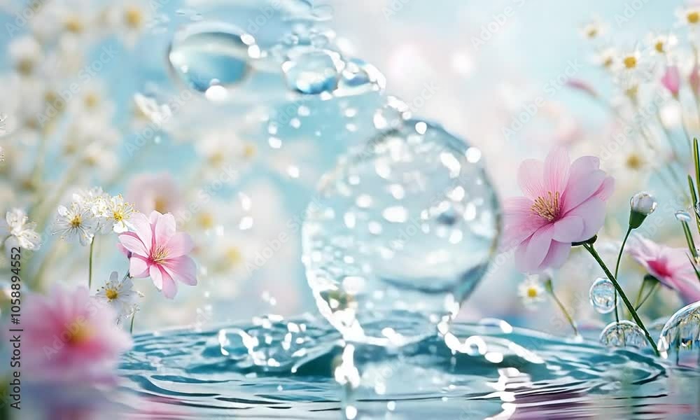 Pink Flower with Water Droplets in a Blue and White Setting Pink Flower with Water Droplets in a Blue and White Setting