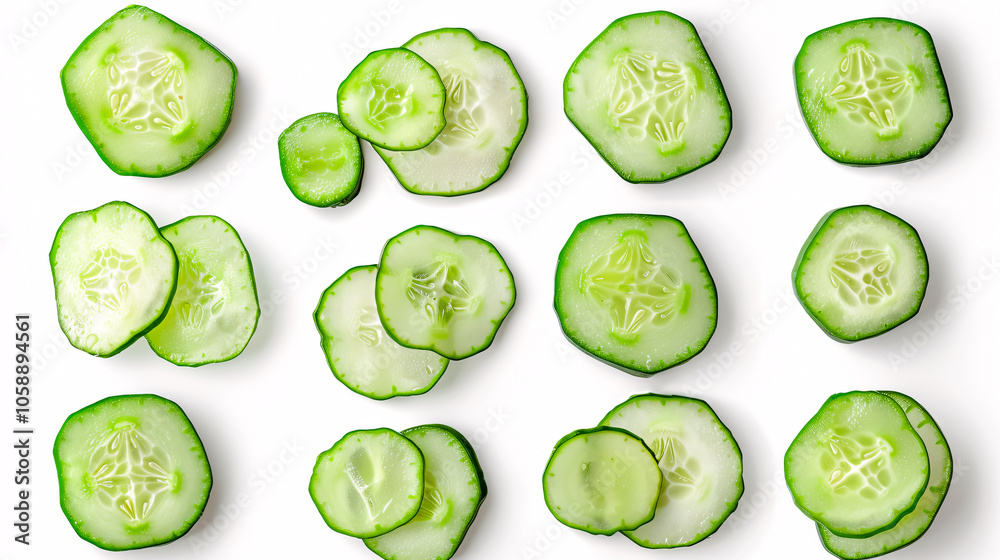 Sliced cucumber isolated on a white background with clipping path and full depth of field, top view, flat lay.