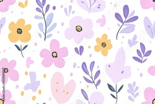 Playful floral pattern with purple, pink, and yellow flowers on a white background, perfect for spring-themed or nature-inspired designs.