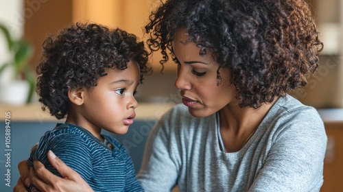 A parent comforting a child and discussing ways to handle frustration, teaching effective emotion management photo