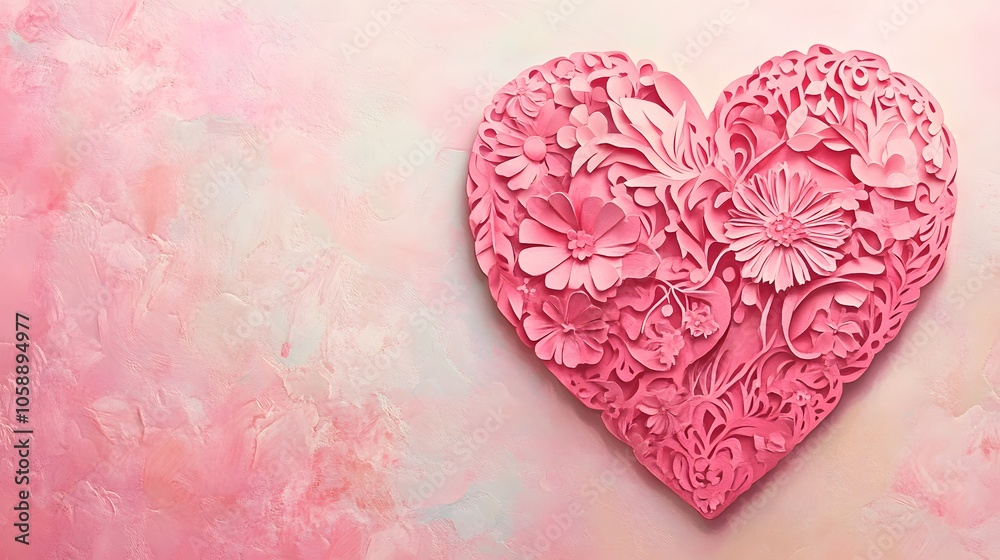 Obraz premium A pink heart made of paper cutouts, intricately designed with delicate floral patterns and lace work, set against an isolated pastel background
