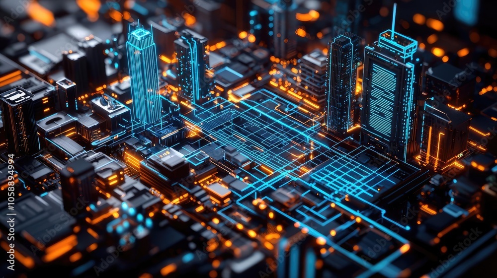 Futuristic cityscape with glowing circuits and skyscrapers, high-tech urban landscape. Futuristic cityscape with glowing circuits and skyscrapers, high-tech urban landscape.