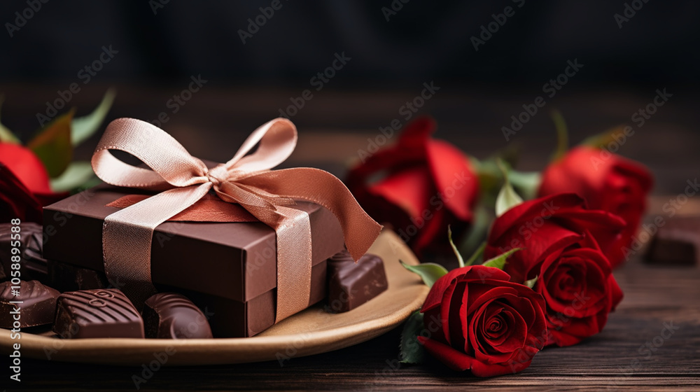 St. Valentine's Day present. Small hearts, candles, a gift box, and red roses bouquet on light background. St. Valentine's Day present. Small hearts, candles, a gift box, and red roses bouquet on light background.