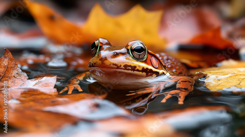 A frog partially buried in the mud of a pond bottom, surrounded by fallen leaves and ice, showing its winter survival strategy of hibernation, resting peacefully to endure the cold season photo