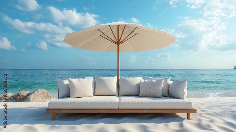 Obraz premium Sofa and umbrella on sand beach with sea and sky background. summer vacation concept.