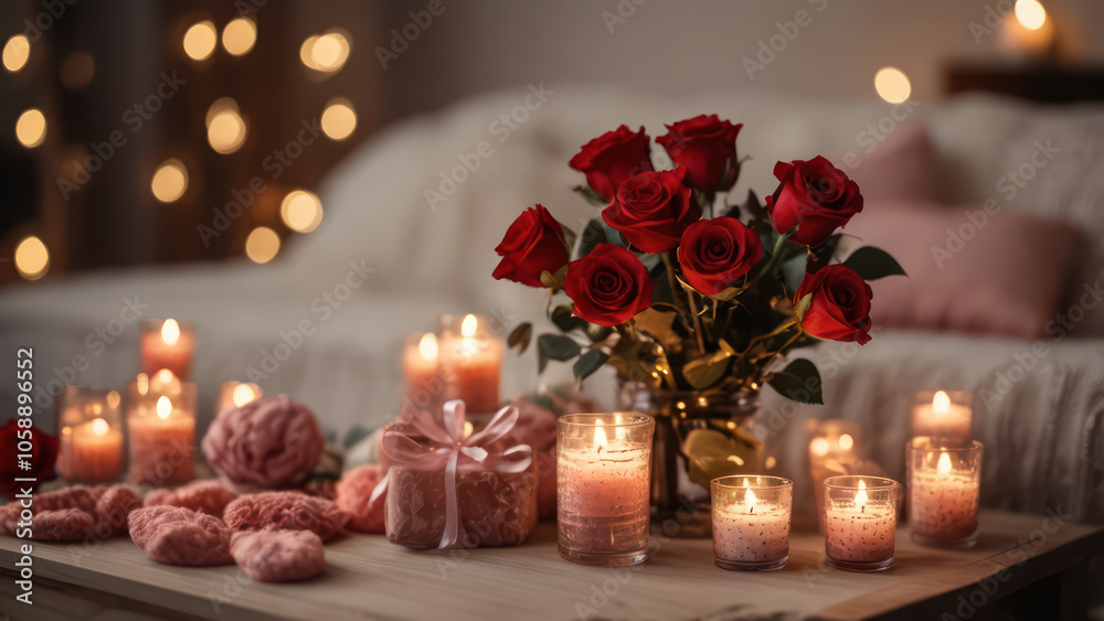 A beautifully set table for two, adorned with elegant candles, fine china, and a bouquet of red roses. A beautifully set table for two, adorned with elegant candles, fine china, and a bouquet of red roses.