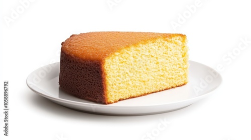 Delicious slice of classic vanilla sponge cake on white plate