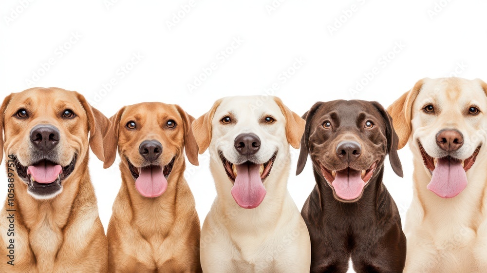A group of happy dogs of various breeds sit in a row against a white background, highlighting diversity and the joy of pets. A group of happy dogs of various breeds sit in a row against a white background, highlighting diversity and the joy of pets.