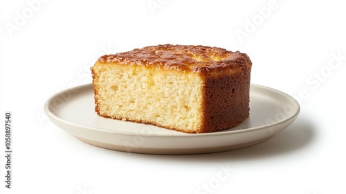 Slice of golden sponge cake on minimalist plate with white background