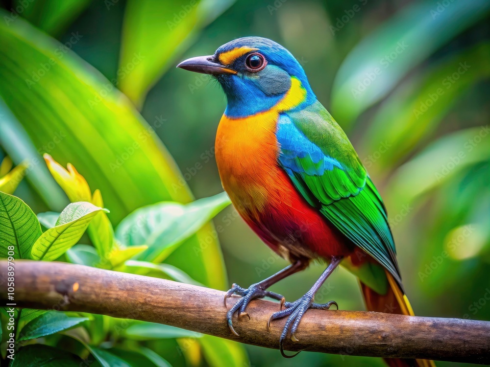 Obraz premium Vibrant Macau Bird Perched on Lush Green Tree Branch â€“ Exotic Wildlife in Natureâ€™s Paradise