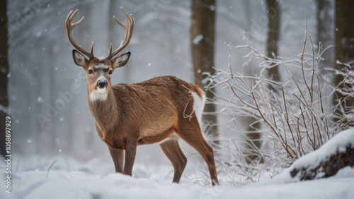 Wallpaper Mural A serene image of winter wildlife such as a deer in a snowy forest. Torontodigital.ca