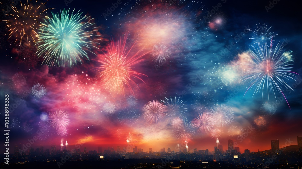 Fototapeta premium Fireworks Display Over City Skyline
