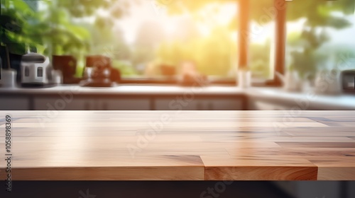 Empty Wooden Tabletop With Blurred Kitchen Background