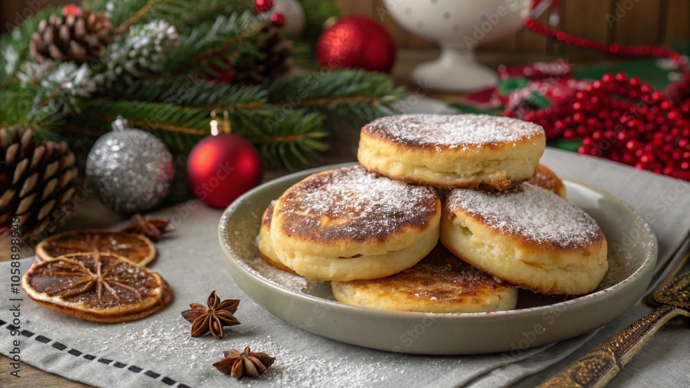 A plate of homemade Christmas pancakes dusted with powdered sugar, surrounded by festive decorations like pine branches, red baubles, dried oranges, and pine cones, creating a cozy holiday setting. A plate of homemade Christmas pancakes dusted with powdered sugar, surrounded by festive decorations like pine branches, red baubles, dried oranges, and pine cones, creating a cozy holiday setting.