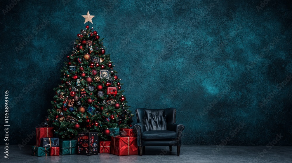 Fototapeta premium A cozy Christmas scene featuring a decorated tree with gifts and a black chair against a dark textured wall.