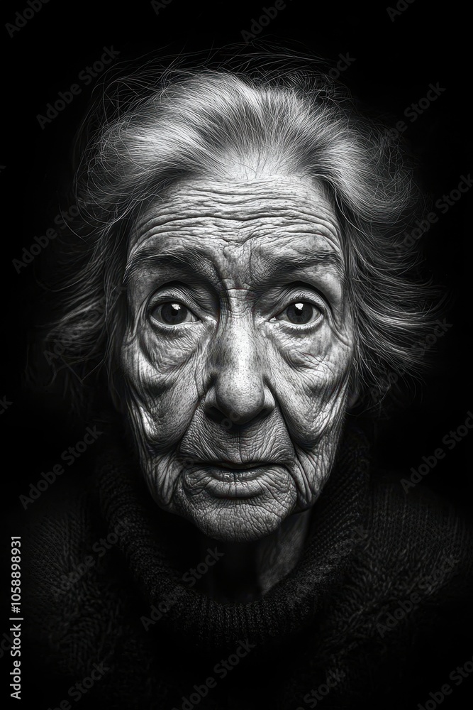 A close-up portrait of an elderly woman with deep wrinkles and expressive eyes, set against a dark background, This image can be used for themes of aging, wisdom, and emotional storytelling, A close-up portrait of an elderly woman with deep wrinkles and expressive eyes, set against a dark background, This image can be used for themes of aging, wisdom, and emotional storytelling,